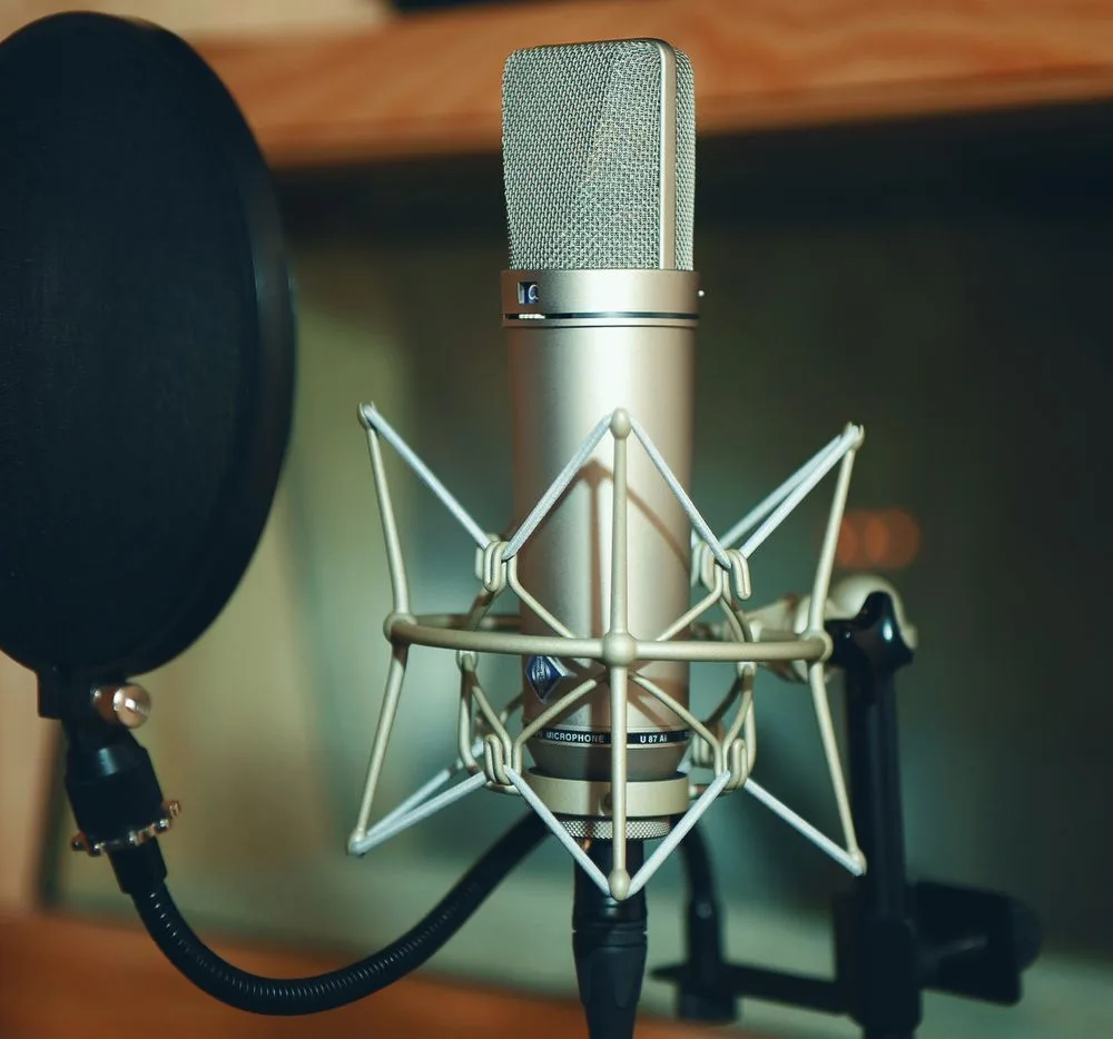 Condenser microphone beside a pop filter